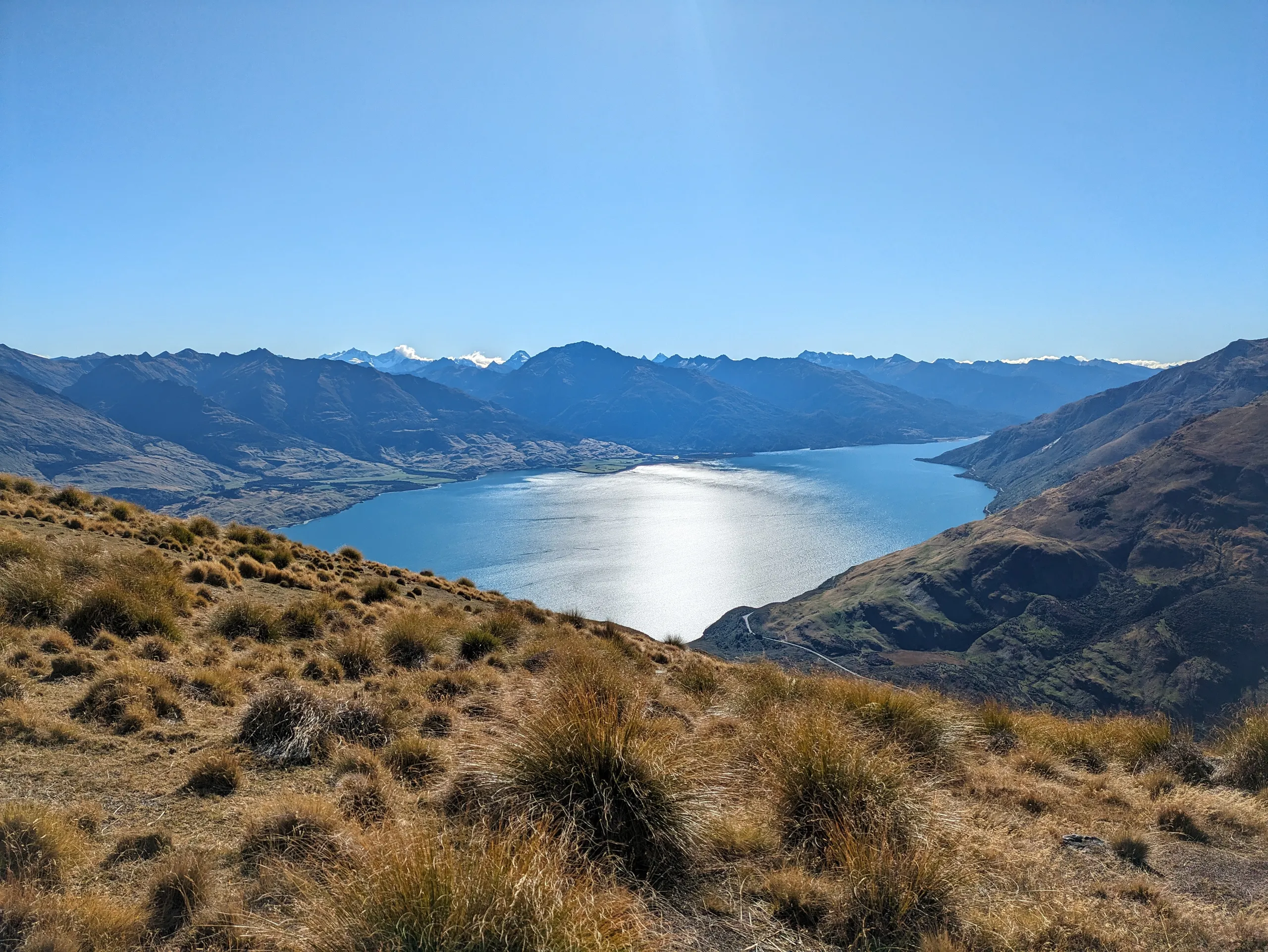 Looking north from the summit over Lake Wānaka towards Mt Albert and the Makarora River